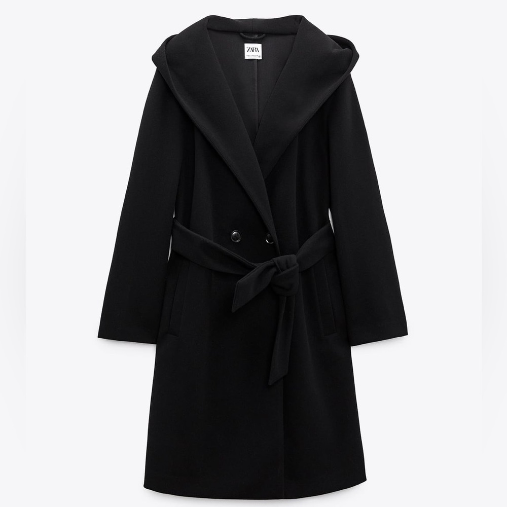ZARA Women Black Coat Hooded and Belted